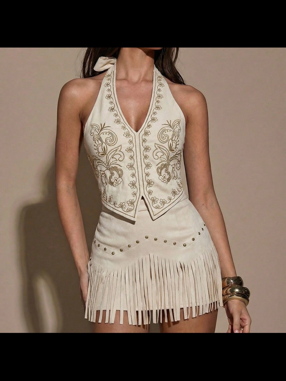 NWOT SHEIN Cream & Dark Brown Embroidered Halter Tank Top - Picture 2 of 5